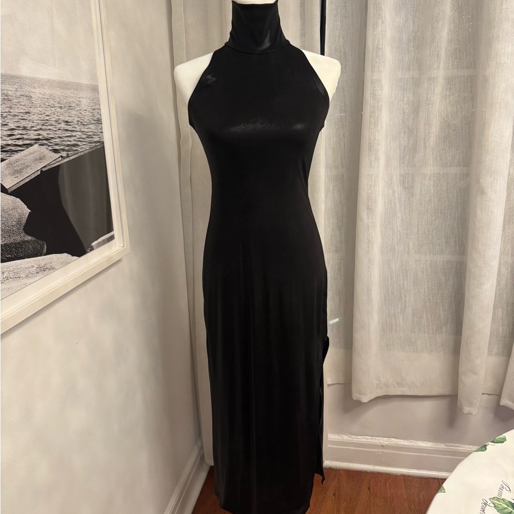 Norma Kamali Chic Black Lamé Halter Turtleneck Dress